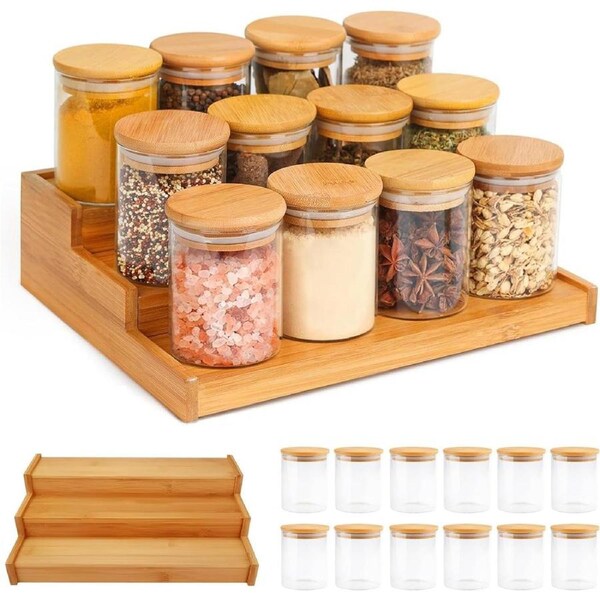 12 Glass Spice Jars with Step Shelf, Airtight Bamboo Lid, 3 Tier Organizer - Spice Labels Included