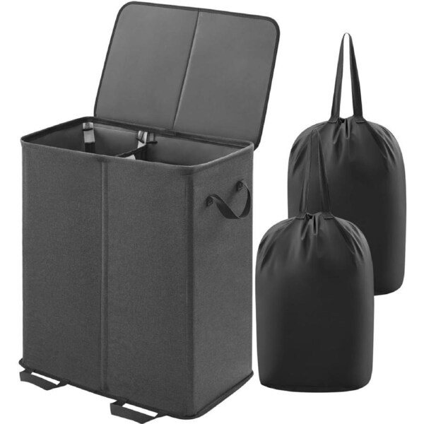 Large Collapsible Double Laundry Hamper with Lid and Removable Bags, Black