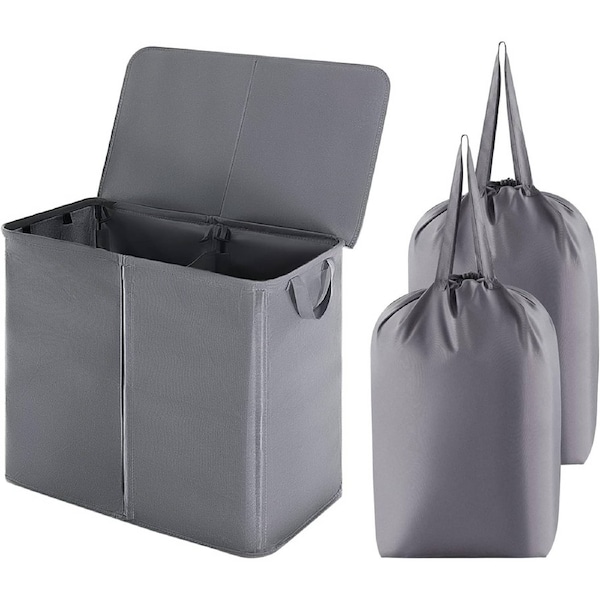105L Double Laundry Hamper with Lid and Removable Bags - Grey