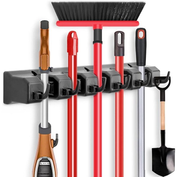 Wall Mounted Mop and Broom Holder with 5 Ball Slots and 6 Hooks - Black