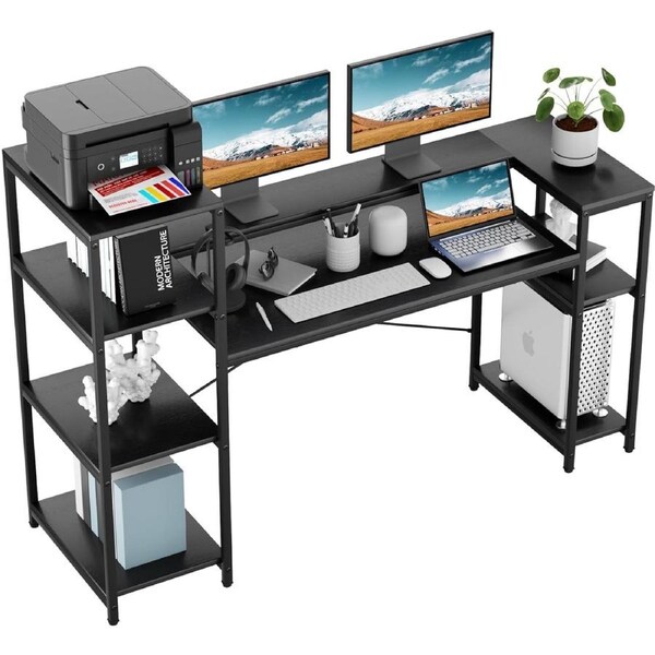 63 Large Industrial Computer Desk with Storage Shelves, Printer Stand & Bookshelf - Black