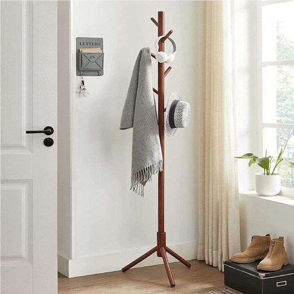 Wooden Coat Rack Tree - 8 Hooks, 3 Adjustable Sizes, Free Standing (Brown)