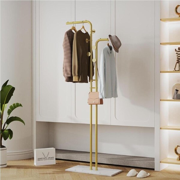 Metal Coat Rack Stand: Double Pole Clothing Rack with Marble Base Free Standing Coat Hanger