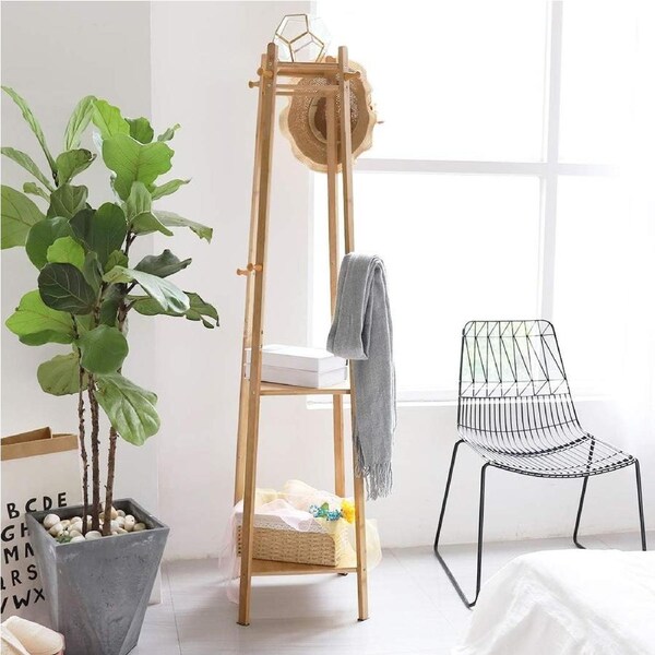 Bamboo Coat Rack with Shelf and Hooks - Free Standing Garment Stand