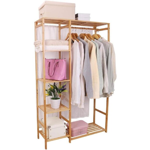 Open Wardrobe Coat Stand with Bamboo Garment Rack and Shelves - 35.4 x 11.8 x 58
