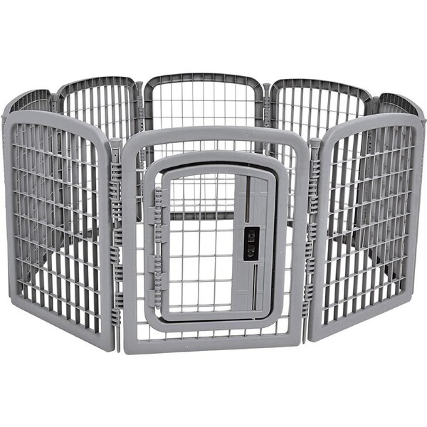 8 Panel Plastic Pet Pen Fence Enclosure with Gate - 150x147x71cm Grey