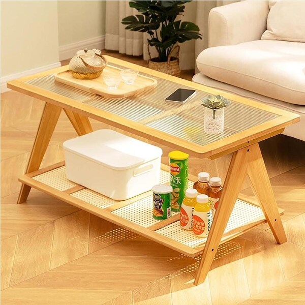 Bamboo Modern Coffee Table 2 Tier Glass Top Rattan Storage Shelf