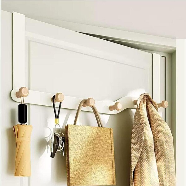 Over Door Hooks for Clothes - 6 Wooden Hooks - Cream White