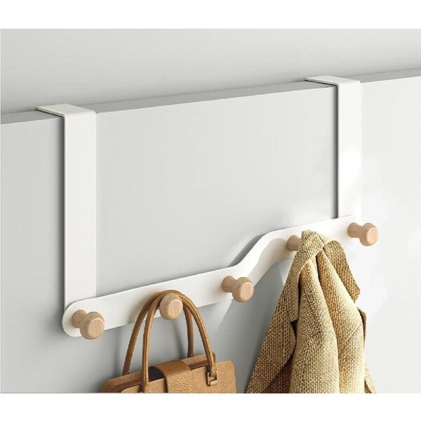 Over Door Hooks for Clothes with 5 Wooden Hooks - White