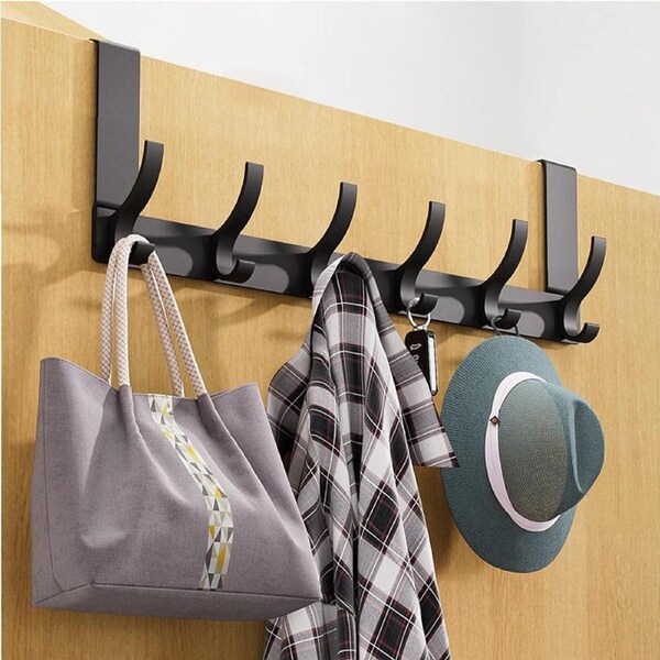 Over Door Hook Hanger with 6 Double Coat Hooks for Bathroom, Bedroom, and Closet Doors - Black