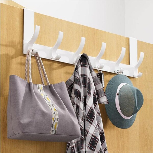 Over Door Hook Hanger with 6 Double Coat Hooks - White