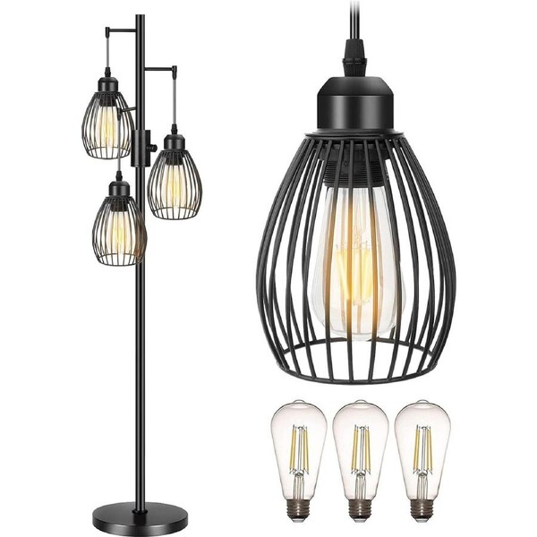 Industrial Floor Lamp with Dimmable 3 Lights and Sturdy Base