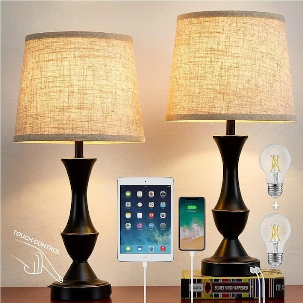2-Pack USB Table Lamps for Bedrooms - Vintage 3-Way Dimmable Nightstand Lights with Fabric Shades (Bulb Included)
