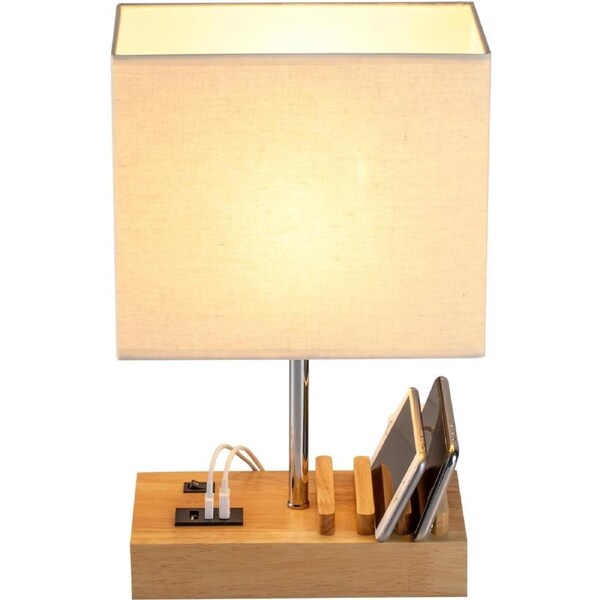 Modern USB Table Lamp with 3 USB A+C Ports, Phone Stands, and Wooden Base
