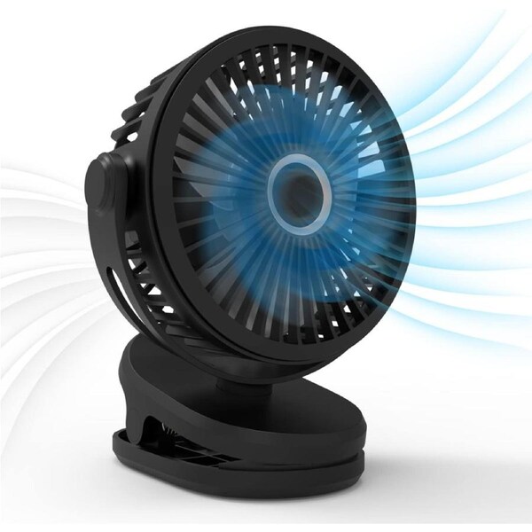 USB Clip on Fan 5000mAh 360Â° Rotation Quiet Stroller Strong Airflow 3 Speeds Portable Small Clamp Black