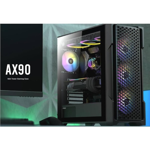 Antec AX90 ATX, 2x 360mm Radiator Support, 4x ARGB 12CM Fans 3x Front 1x Rear included. RGB controller for six fans. Mesh Tempered Glass Gaming Case AX90