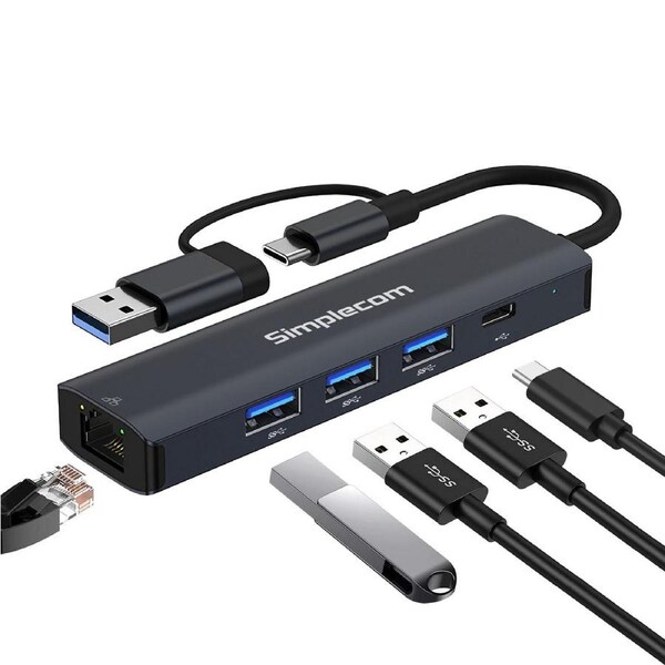 Simplecom CHN436 USB-C and USB-A to 4-Port USB HUB with Gigabit Ethernet Adapter CHN436