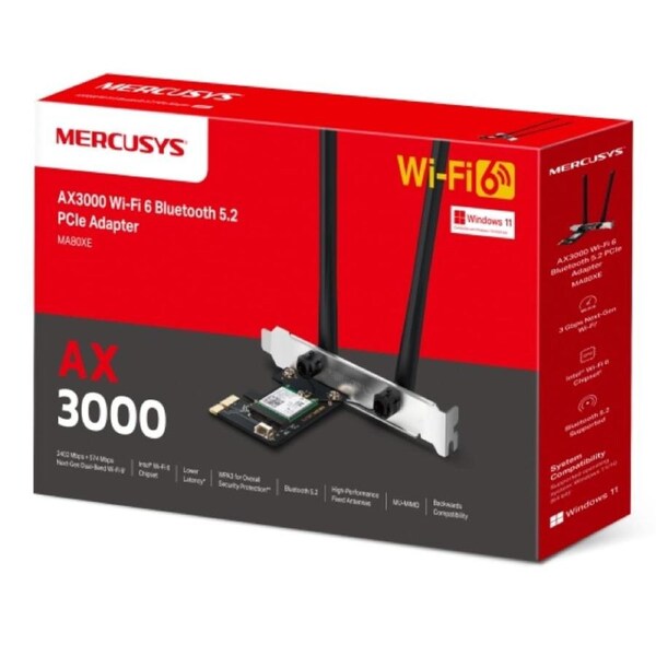Mercusys MA80XE AX3000 Wi-Fi 6 Bluetooth 5.2 PCIe Adapter, 2402Mbps @5 GHz, 574Mbps @2.4GHz MA80XE
