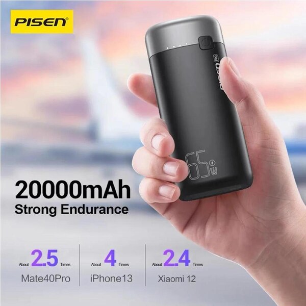 Pisen PRO Triple Port 20k mAh (65W) Laptop Power Bank - Black, 2x USB-A 1x USB-C, LED Digital Display, Smart Protection Chip, Prevents Overcharge 6902957190350