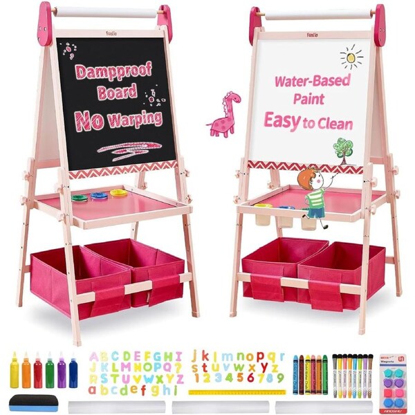 Kids Art Easel: Anti-Warp Board, Magnetic Chalkboard/Whiteboard, 3 Heights, Paper Roll - Pink