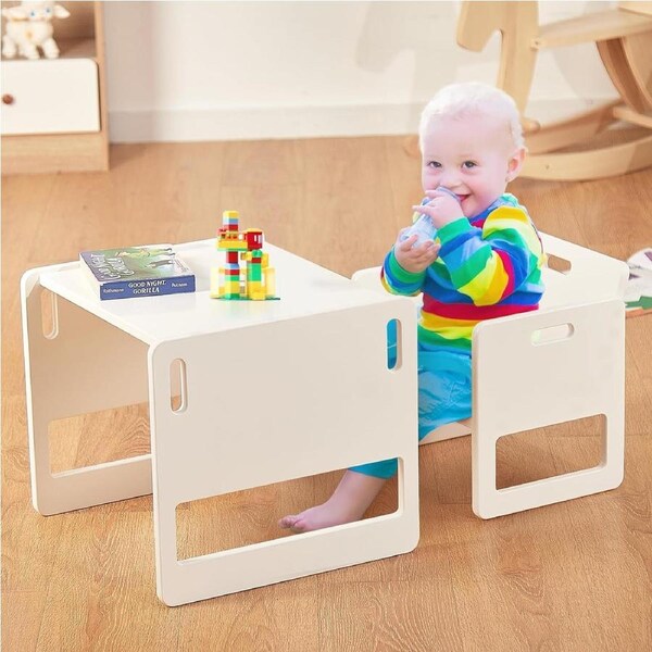 Montessori Weaning Table & Chair Set for Toddlers Age 1-3, Height Adjustable - White