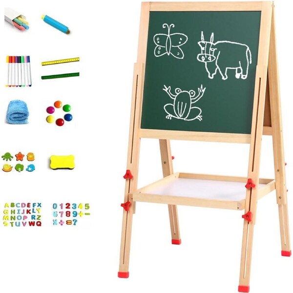 Adjustable Kids Art Easel with Magnetic Whiteboard & Chalkboard - Premium Supplies Included, 45x35cm