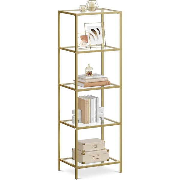 5-Tier Bookcase with Tempered Glass and Metallic Gold Frame