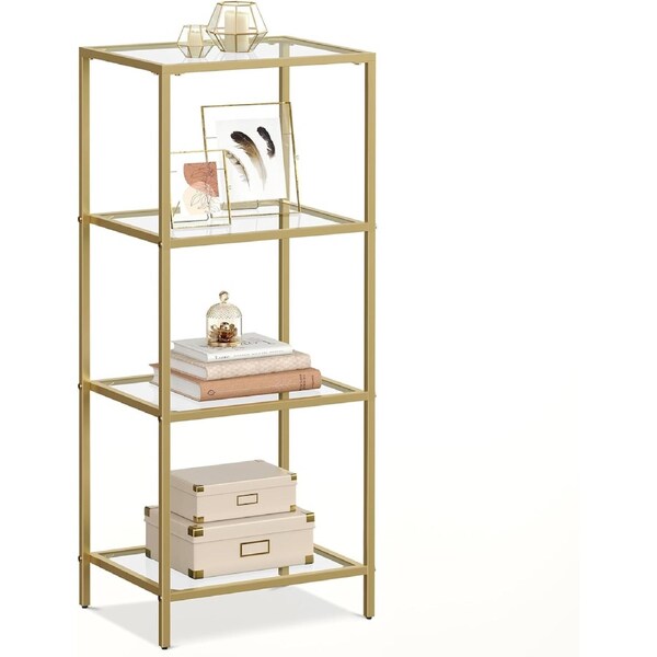 4-Tier Bookcase with Tempered Glass and Metallic Gold Frame
