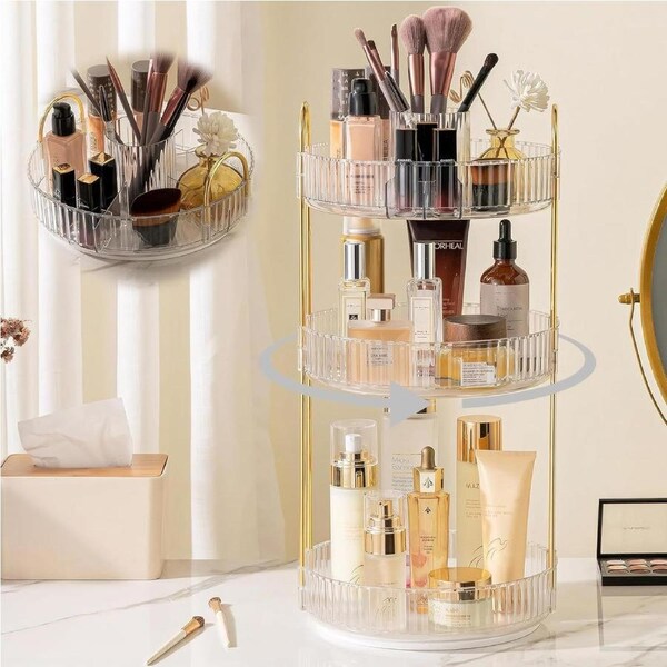 3-Layer Rotating Makeup Organizer for Bathroom Vanity - Large Capacity (Clear)