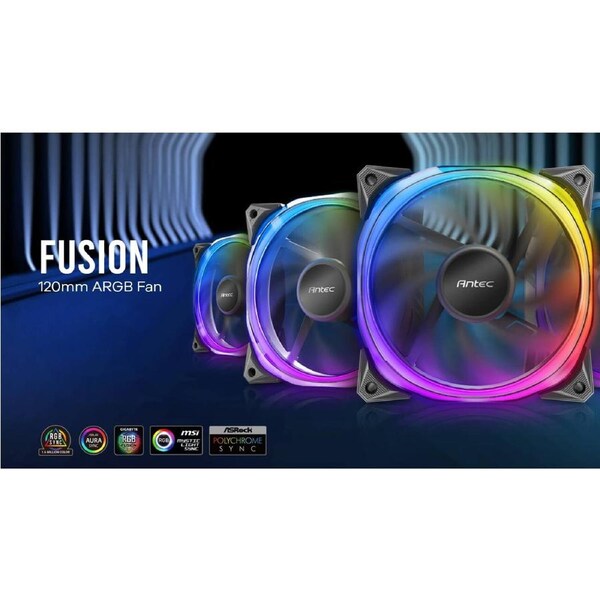 Antec Fusion 120mm ARGB PWM HB Fan, Airflow 57.93 CFM, Air Pressure 2.11, Noise Level 31.21. Woven Cable, PMW Daisy Chain design, 3 Yrs Warranty Fusion 120 ARGB