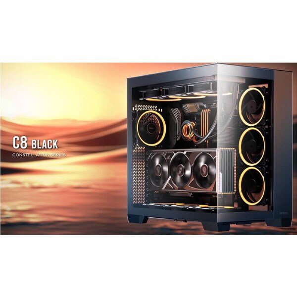 Antec C8 ATX, E-ATX. mATX, Seamless Edge View Front and Side, USB-C, 4mm Tempered Glass, 360mm liquid cooler top, bottom, side. 2x USB 3.0 Black Case. C8