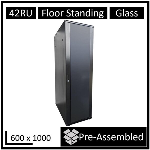 LDR Assembled 42U Server Rack Cabinet (600mm x 1000mm) Glass Door, 1x 8-Port PDU, 1x 4-Way Fan, 2x Fixed Shelves - Black Metal Construction WB-NC604215B