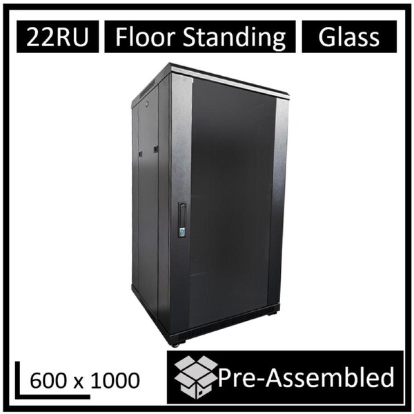 LDR Assembled 22U Server Rack Cabinet (L600mm x W1000mm x H1070mm), Glass Door,1x 8-Port PDU, 1x 4-Way Fan, 2x Fixed Shelves -Black Metal Construction WB-NC602215B