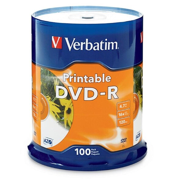 Verbatim DVD-R 4.7GB 100Pk White InkJet 16x, Compatible for Full-Surface, Edge-to-Edge Printing, Superior ink absorption on high-resolution 5,760 DPI 95153