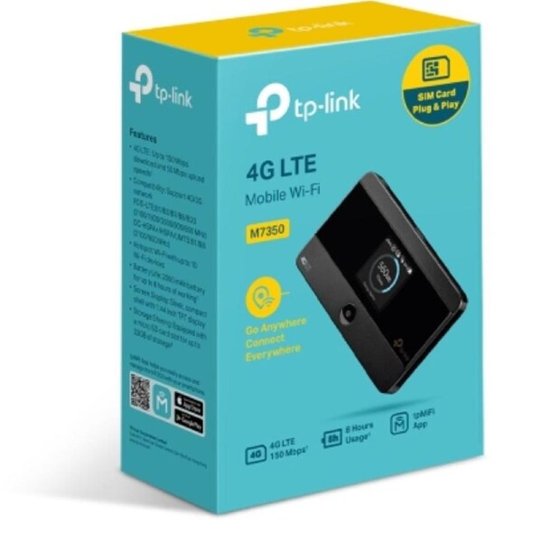 TP-Link M7350 4G-LTE Mobile Wi-Fi 150Mbps DL 50Mbps UL 4G SIM Card + microSD Slot 2000mAh 8hrs Rechargeable Battery for 10 Devices iOS/Android App M7350