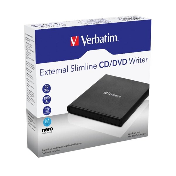 Verbatim External Slimline CD/DVD Reader, Writer, Burner, Player, Ultra Portable on the Go, Notebooks, USB Powered Black Mobile, Retail Pack 98938