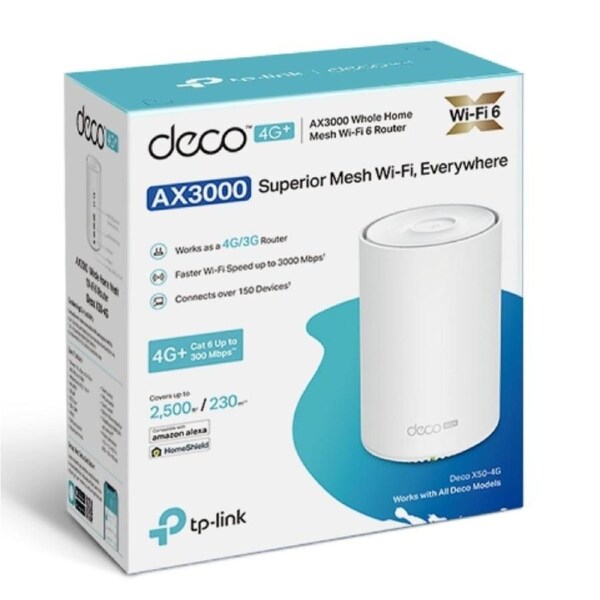 TP-Link Deco X50-4G(1-pack) 4G+ AX3000 Whole Home Mesh Wi-Fi 6 Router, Build-In 300Mbps 4G+ LTE Advanced Modem Deco X50-4G(1-pack)