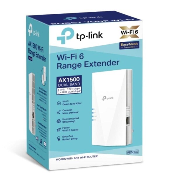 TP-Link RE815XE AXE5400 Mesh Wi-Fi 6E Range Extender 574Mbps @2.4 GHz, 2402Mbps @5 GHz, 1 Gigabit Ethernet Port, 4 External Antennas RE815XE
