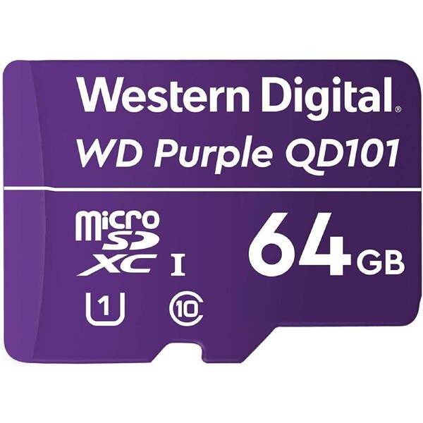 Western Digital WD Purple 64GB MicroSDXC Card 24/7 -25C to 85C Weather Humidity Resistant for Surveillance IP Cameras mDVRs NVR Dash Cams Drones WDD064G1P0C-85AEL0