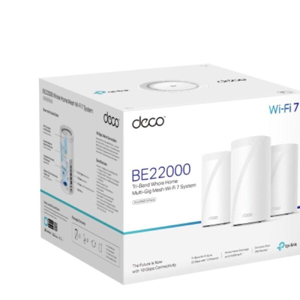 TP-Link Deco BE85(3-pack) BE22000 Tri-Band Whole Home Mesh Wi-Fi 7 System (WIFI7) 1376 Mbps at 2.4 GHz + 8640 Mbps at 5 GHz + 11520 Mbps at 6 GHz Deco BE85(3-pack)