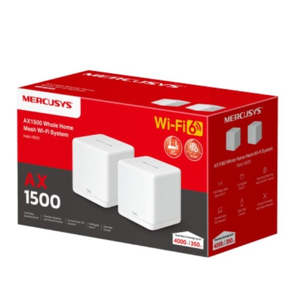 Mercusys Halo H60X(2-pack) AX1500 Whole Home Mesh Wi-Fi 6 System, 300 Mbps at 2.4 GHz + 1201 Mbps at 5 GHz, QoS, IPTV, IPv6, MU-MIMO, Beamforming, Sma Halo H60X(2-pack)