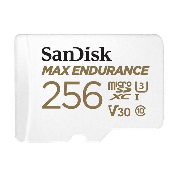 SanDisk Max Endurance 256GB microSD 100MB/s 40MB/s 20K hrs 4K UHD C10 U3 V30 -40C to 85C Heat Freeze Shock Temperature Water X-ray Proof SD Adapter SDSQQVR-256G-GN6IA