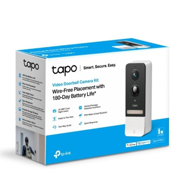 TP-Link Tapo D230S1 Smart Battery Video Doorbell, 2K 5MP Live View, Colour Night Vision, Water Dust Resistant IP64 Tapo D230S1