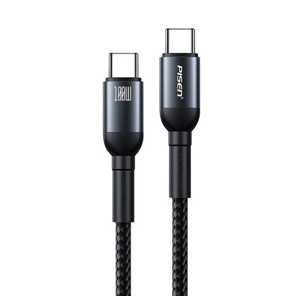 Pisen Braided USB-C to USB-C 100W PD Fast Charge Cable (1M) Black - Bend-Resistant, Samsung Galaxy,Apple iPhone,iPad,MacBook,Google,OPPO,Nokia,Laptop 6902957181242
