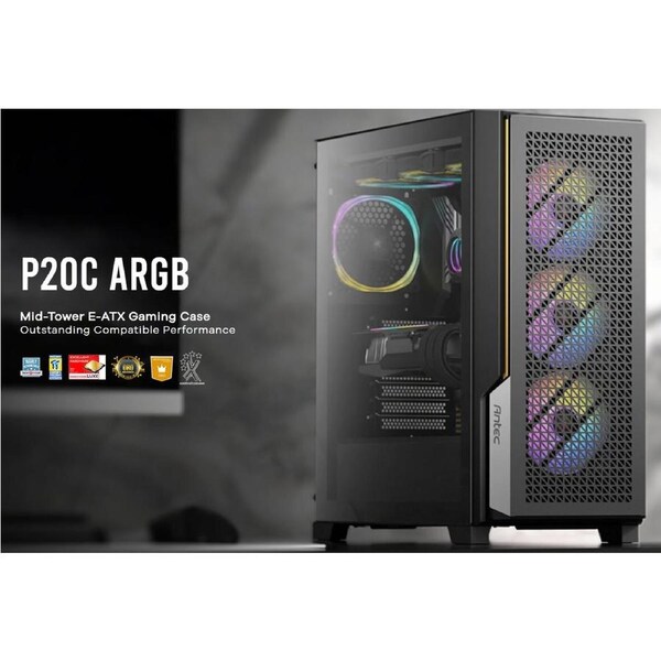 Antec P20C ARGB, ATX, E-ATX, High Airflow, USB-C, Cable management, 4x HDD/SSD , 375mm GPU, 170mm CPU, 3x ARGB PWM 12CM,Fan Control, Gaming Case P20C ARGB