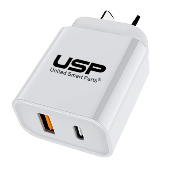 USP 20W Dual Port (20W USB-C PD + 18W USB-A QC3.0) Fast Wall Charger White - Safe Charge,Charge 2 Devices Simultaneously,Short-Circuit Protection 6976552041751