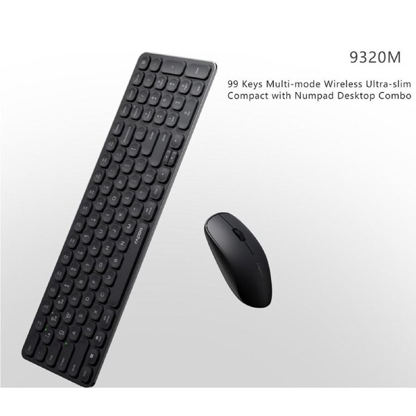RAPOO 9320M Bluetooth 4.0, 5.0 + 2.4G Wireless Multi-mode Keyboard Mouse Combo, Aluminium Base, 2400 DPI, 10M Range, Compact Black Retail Pack 9320M