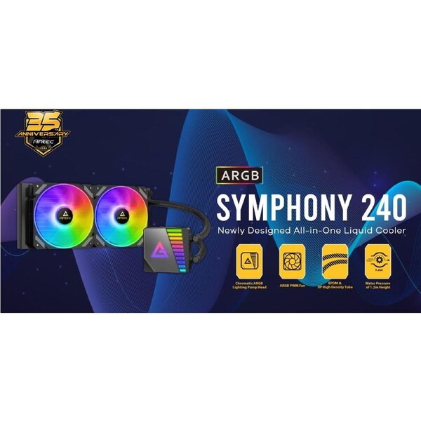 Antec SYMPHONY 240mm ARGB Advanced Liquid CPU Cooler, PWM Fan, PTFE Tubing, LGA 115x, 1200, 2011-v3, 2066, AM4, AM5, 3 Yrs Warranty Symphony 240 ARGB