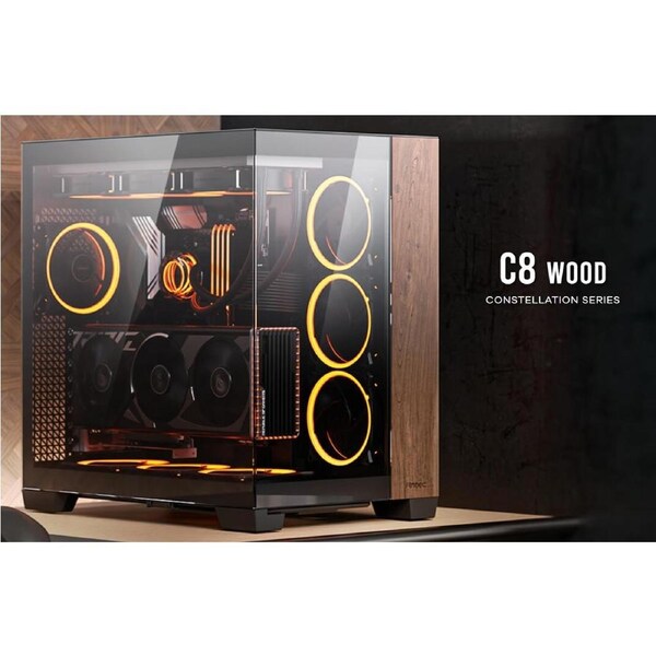 Antec C8 Wood ATX, E-ATX, Seamless Edge View Front and Side, USB-C, 4mm Tempered Glass, 360mm liquid cooler top, bottom, side. 2x USB 3.0 Black Case. C8-Wood