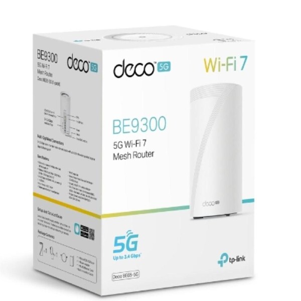 TP-Link Deco BE65-5G(1-pack) 5G BE9300 Tri-Band Whole Home Mesh Wi-Fi 7 Gateway (WIFI7) 574 Mbps at 2.4 GHz + 2880 Mbps at 5 GHz + 5760 Mbps at 6 GHz Deco BE65-5G(1-pack)